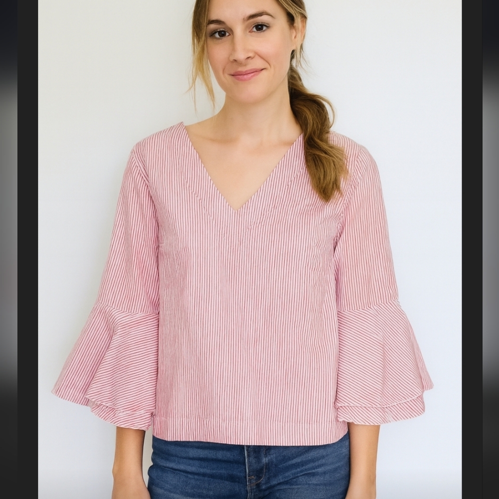 White House Black Market pink white striped v-neck bell sleeve top size 6